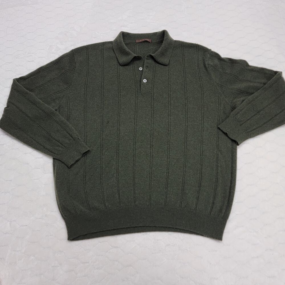 1000 Cashmere Men's Olive Green Ribbed Polo Sweater 100% Fine Cashmere Size L XL